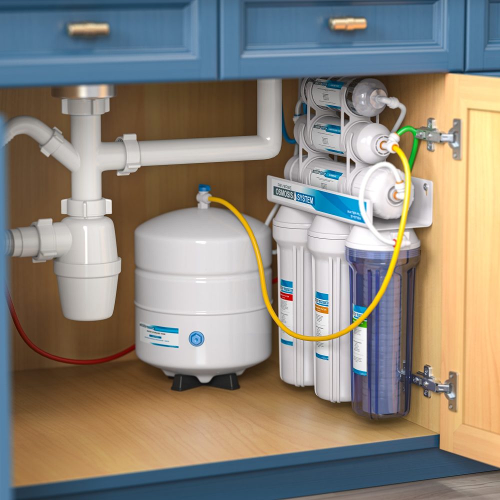 Reverse osmosis water purification system under sink in a kitchen.
